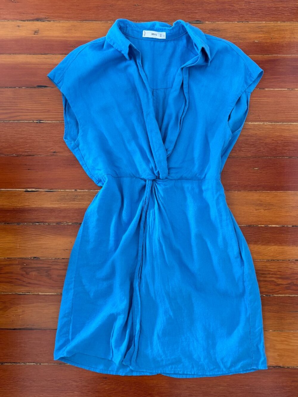 Linen Blend Mango Cyan Ski Blue Mini Shirt Dress MEDIUM